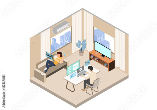 Family working remotely analyzing financial data from laptop at home with monimal icon background,digital nomad concept,Modern business isometric vector flat design