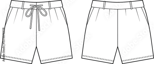 Men’s drawstring shorts technical flat sketch, fashion design front and back view, clothing vector outline, summer apparel, editable illustration