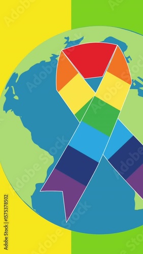 Animation of rainbow awareness ribbon on globe over rainbow stripes