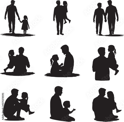 Father daughter silhouettes interacting in various poses family love
