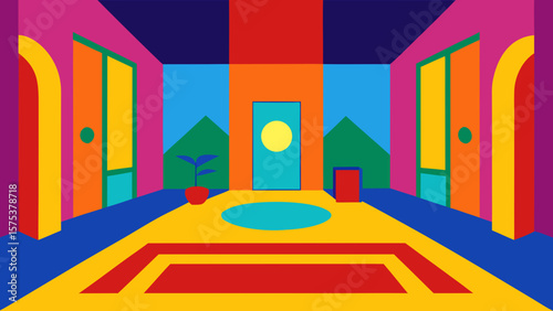 Vibrant abstract geometric interior scene with colorful doors and architectural elements