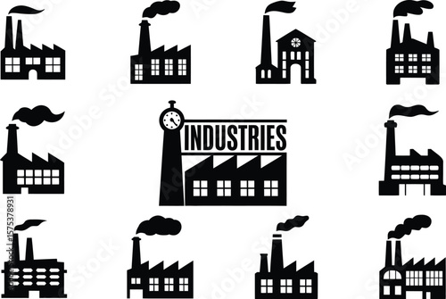 Black and white vector illustration featuring nine unique industrial building silhouettes arranged in a grid, each with distinct architectural features such as smokestacks, flags, and varied rooflines