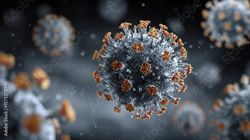 Microscopic view of virus with red spike proteins on spherical surface, representing viral structure
