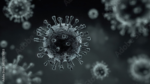 Microscopic view of virus with red spike proteins on spherical surface, representing viral structure
