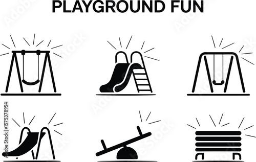 Playground-themed black and white vector illustration featuring six stylized icons of outdoor play equipment including swing sets, slides, a seesaw, and a park bench, arranged in two rows beneath