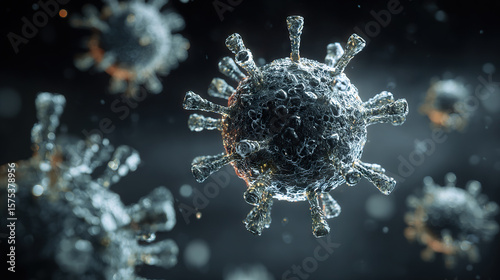Microscopic view of virus with red spike proteins on spherical surface, representing viral structure