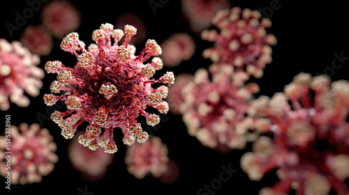 Microscopic view of virus with red spike proteins on spherical surface, representing viral structure