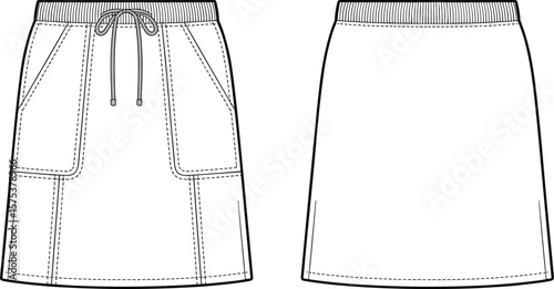 Technical vector drawing of women’s casual A-line skirt with pockets, drawstring waistband, front and back view, fashion flat sketch