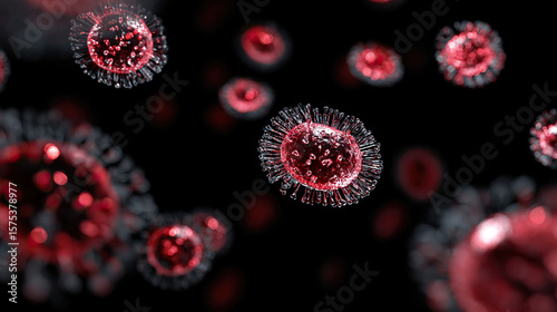 Microscopic view of virus with red spike proteins on spherical surface, representing viral structure