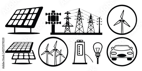 Mega Set of Renewable Energy and Low Emission Sustainability Icons on transparent background