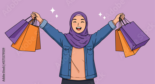  Happy Muslim Woman in Hijab Holding Shopping Bags with Joy