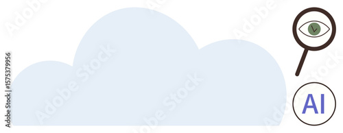 Cloud shape paired with magnifying glass examining an eye and AI symbol. Ideal for AI, data analysis, cloud computing, technology, research, cybersecurity, innovation. Simple flat metaphor