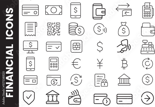Collection of Banking, Fintech, and E-commerce Outline Icons