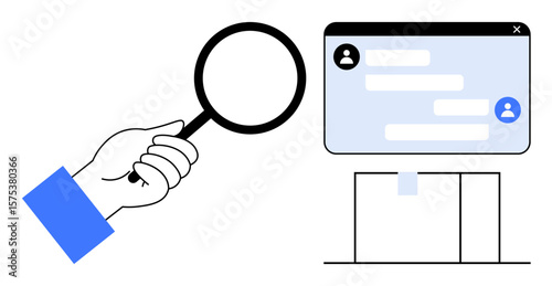 Hand holding magnifying glass examining chat messages on monitor, emphasizing communication review. Ideal for collaboration, customer support, analytics, technology, research, privacy, simple landing