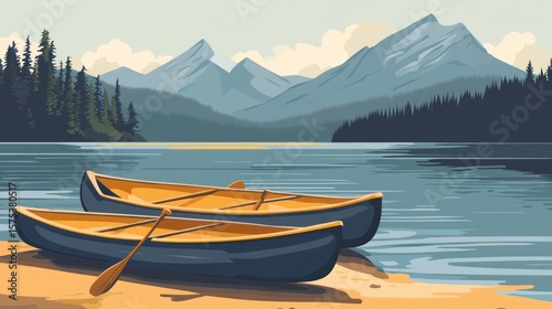 Serene lake scene with canoes