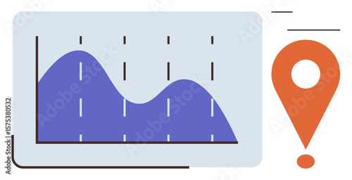 Graph with fluctuating data lines alongside a bold orange location marker. Ideal for analytics, business strategy, data trends, geolocation, market research, visualization, education. Simple flat