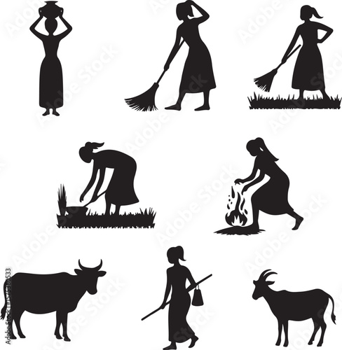Women performing daily chores and animals in silhouette carrying sweeping