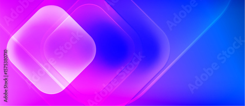 Abstract neon shapes blend, creating vibrant blue, pink gradients. Rounded squares overlap, suggesting depth, light effects. Modern design.