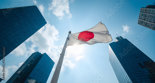 Japanese Flag Waving in Cityscape