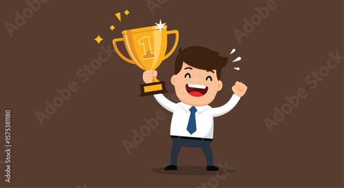 Happy Businessman Holding a Golden Trophy