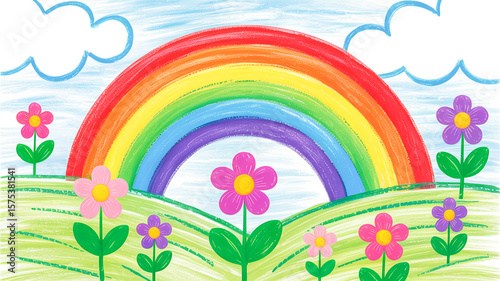 A child's crayon drawing of a vibrant rainbow landscape