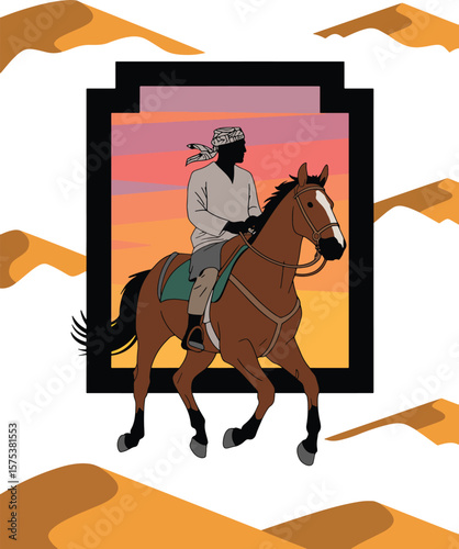 Man riding horse through desert dunes at sunset vector