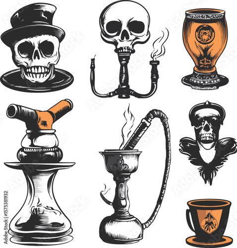 Collection of Skulls and Smoking Devices in Engraved Style on White