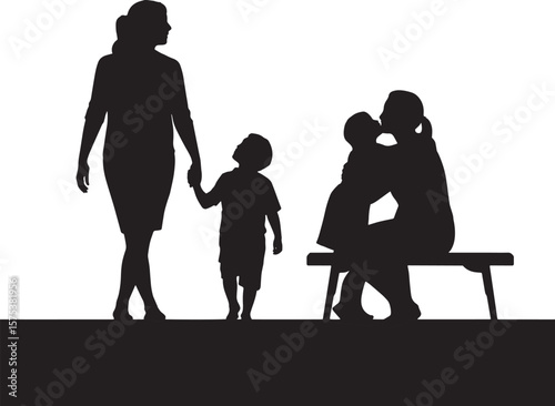 Mother holding childs hand and kissing another child on bench family love