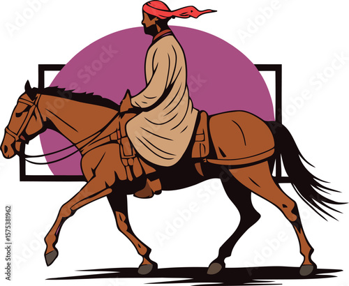 Man riding horse with red turban and brown attire equestrian animal
