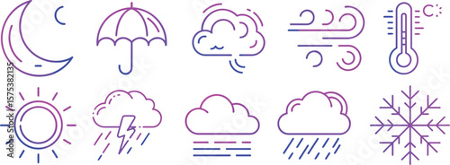 Weather Icons A Collection of Line Art sun moon clouds rain snow wind and a thermometer