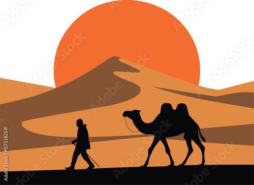 Silhouette man walking camel across desert dunes under orange sun vector