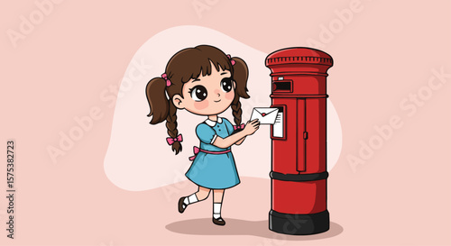 Little Girl Posting a Letter into a Red Mailbox