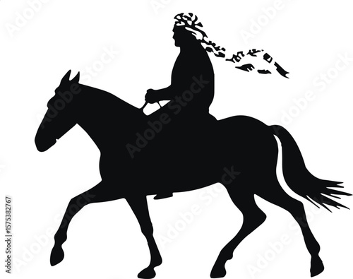 Silhouette of a person riding a horse with flowing scarf black