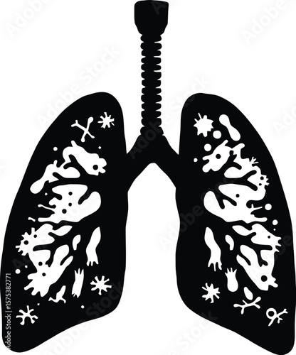 Human Lungs with Microorganisms Vector Illustration Featuring Stylized Black Lung Silhouettes Filled with White Bacteria and Virus Icons Connected to Trachea for Medical, Scientific, and Educational