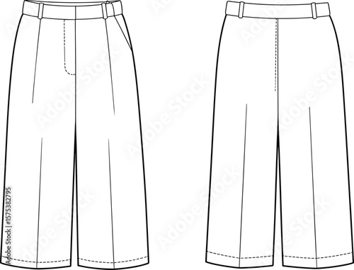 High waist wide leg pants, front back technical sketch, fashion vector template, cad flat, garment design outline, fashion illustration