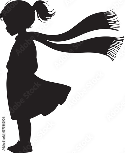 Silhouette of a young girl with a flowing scarf wind blowing