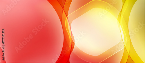 Abstract vibrant shapes blend, creating warm color gradients. Smooth curves suggest movement, light radiates from center.