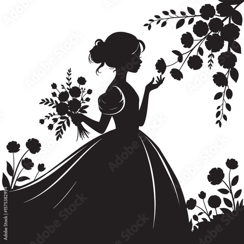 Silhouette of a woman in a dress holding flowers and smelling blossoms bouquet