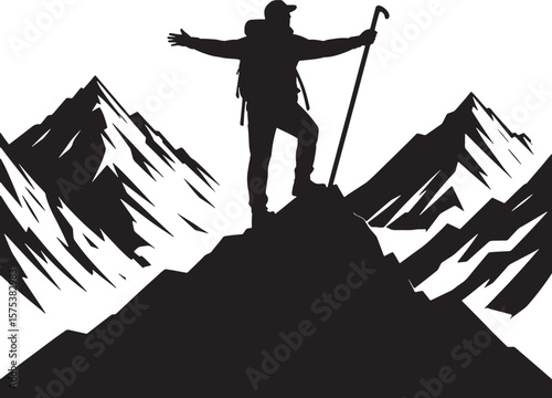 Silhouette of hiker with backpack and pole on mountain peak summit