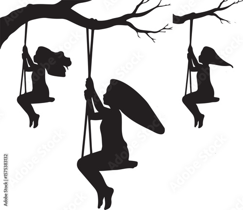 Silhouettes of children swinging on a tree branch black white