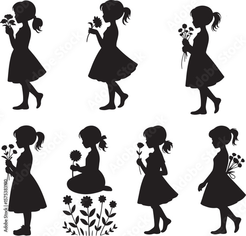 Silhouettes of girls holding flowers bouquet