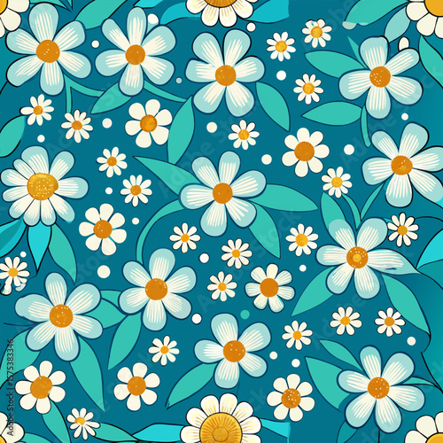 Seamless Daisy Pattern. Blue Floral Background