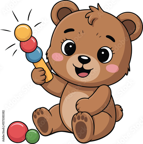 A charming cartoon bear happily holds a colorful toy and a joyful atmosphere