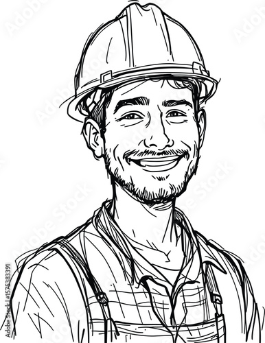 Construction Worker Vector Illustration Featuring Person in Hard Hat and Overalls with Collared Shirt in Black and White Sketch Style for Labor, Safety, and Industrial-Themed Concepts