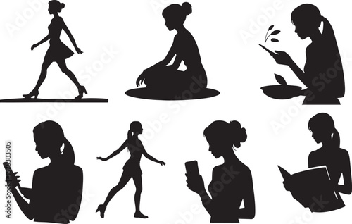 Silhouettes of women engaged in various activities woman female