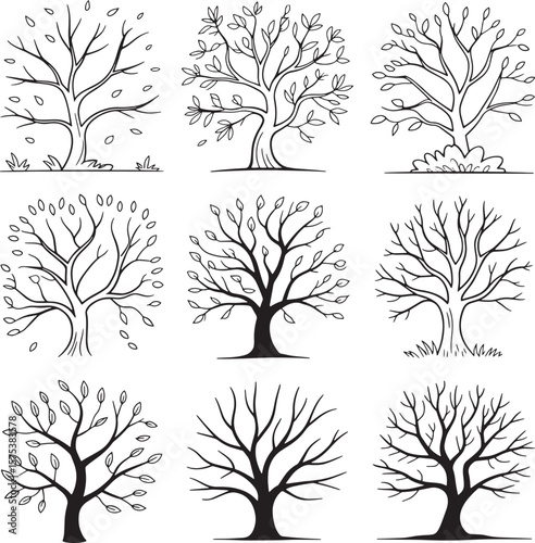 Stylized trees with branches and leaves black