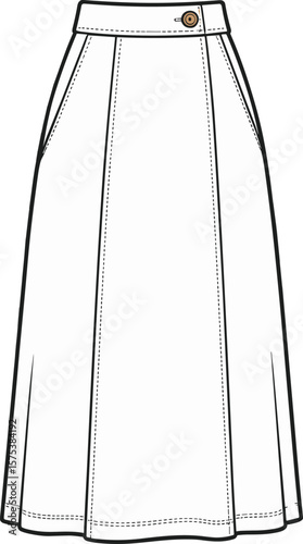 High waist A-line skirt with button closure, front panel seam detail, technical cad sketch, fashion flat vector illustration design