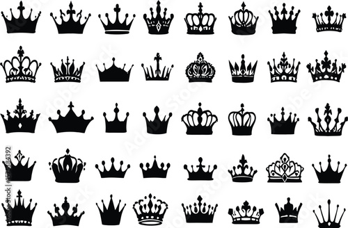 Collection of 40 Black Crown Silhouettes Vector Featuring Diverse Royal Headpiece Designs with Varying Shapes, Points, and Ornamentation Arranged in Grid Format for Regal, Heraldic, and Minimalist-