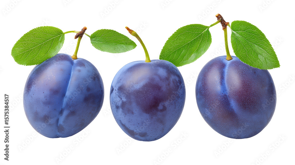 Obraz premium Ripe isolated plum fruit on transparent background with green leaf fresh and natural