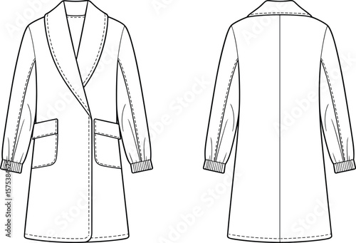 Coat flat sketch design, ribbed cuff long sleeve outerwear, shawl collar coat, technical fashion drawing, cad vector illustration template